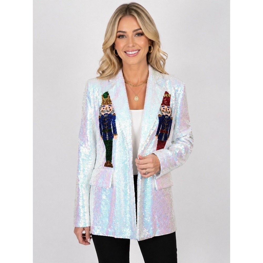 Fantastic Fawn M Sequin Nutcracker Christmas Blazer White Iridescent Sparkle